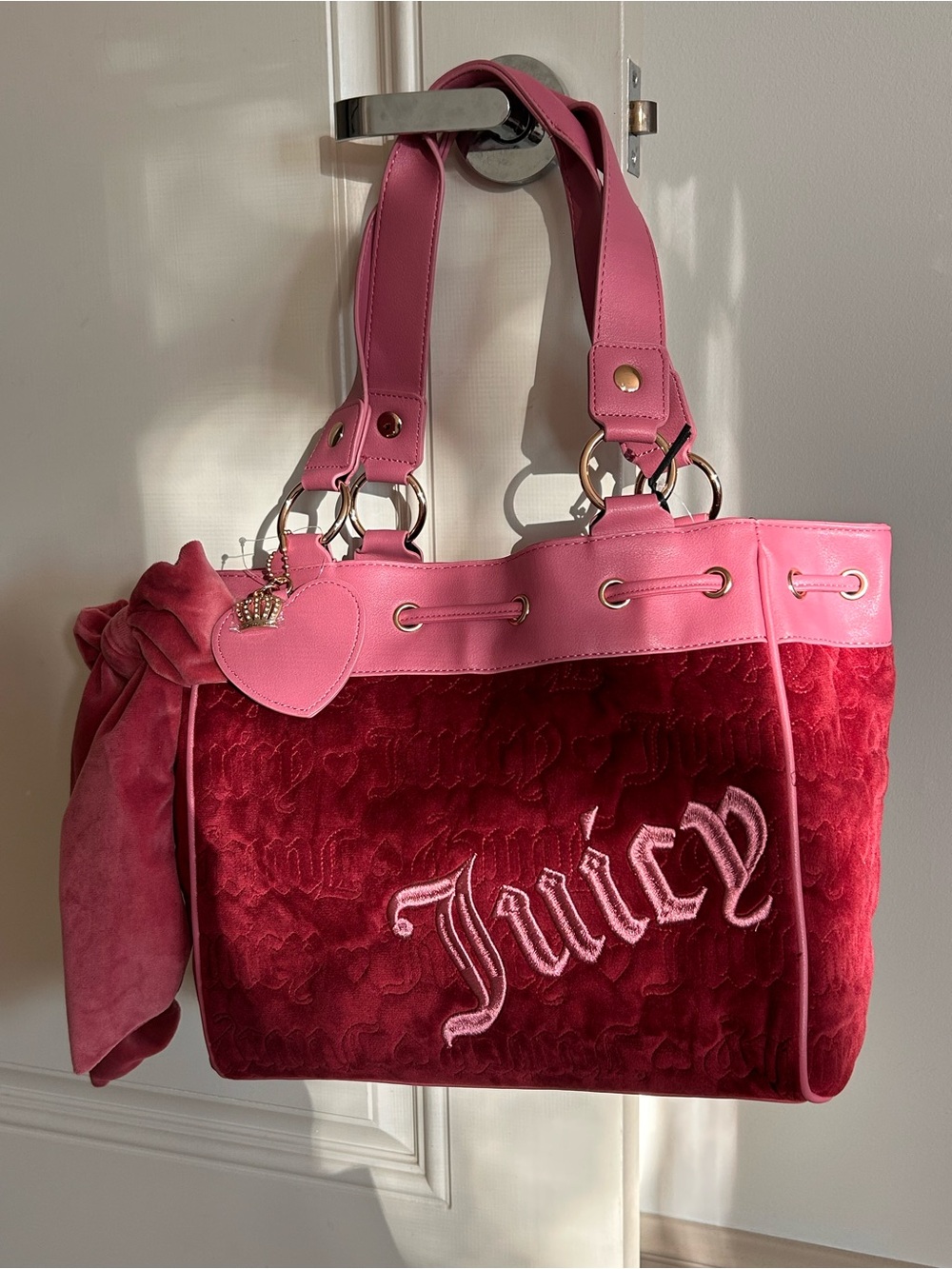 Juicy Couture Pink and Red Velvet Vintage Style Cranberry Juice Dream Tote